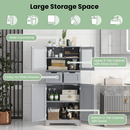 3 Tier Freee-Standing Bathroom Cabinet with 2 Drawers and Glass Doors