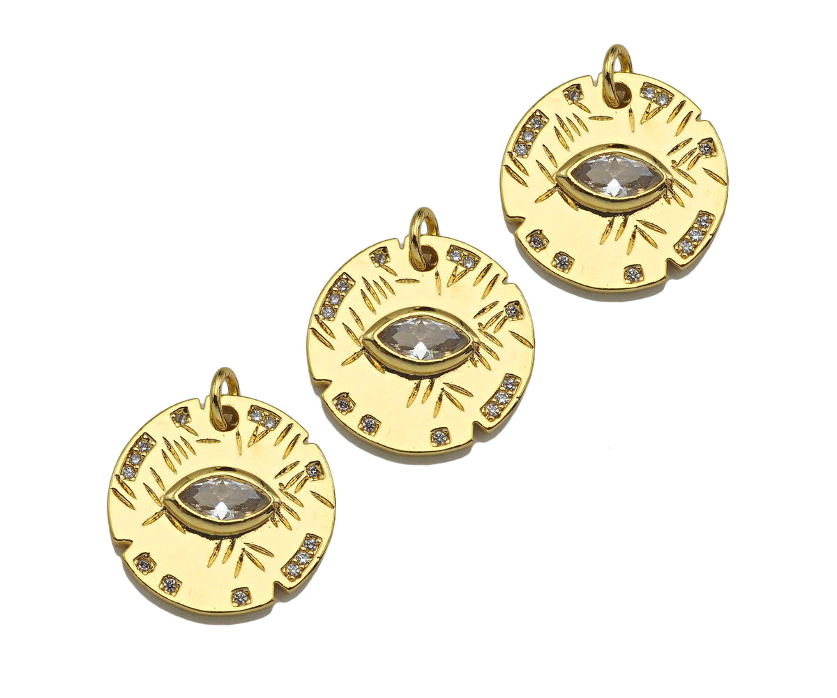 CZ Micro Pave Evil Eye On Round Coin Shape Pendant,Cubic Zir
