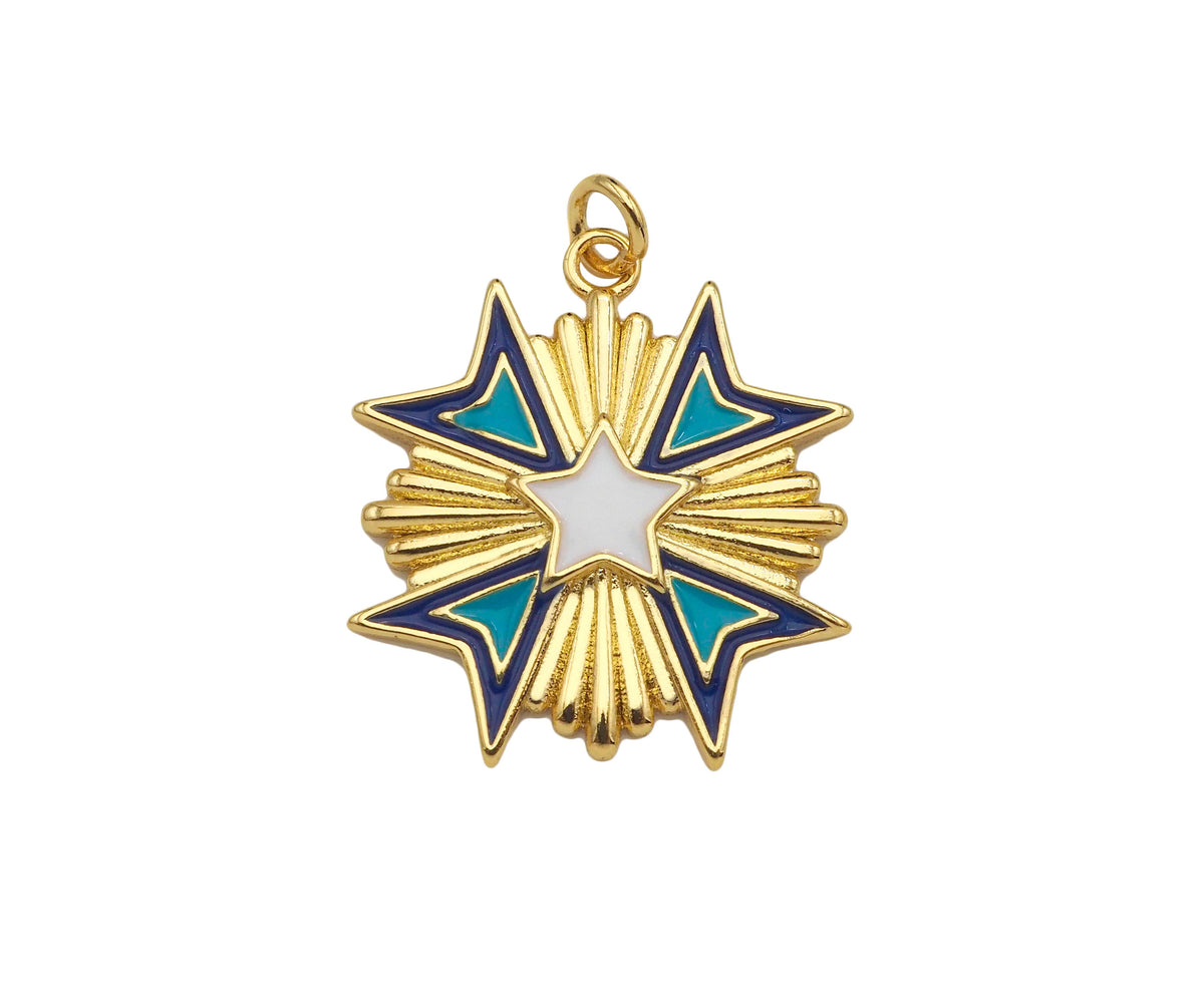 Gold Filled Enamel Star Medallion Pendant, 18K Gold Filled Tuequoise Blue/White Enamel Charm,Enamel Jewelry,23x24mm,Sku#Z1361