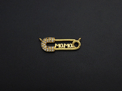 CZ Micro Pave Mama Safety Pin Pendant, Safety Pin Cubic Zirc
