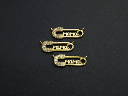 CZ Micro Pave Mama Safety Pin Pendant, Safety Pin Cubic Zirc
