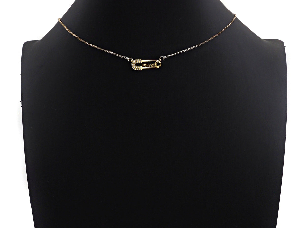 CZ Micro Pave Mama Safety Pin Pendant, Safety Pin Cubic Zirc