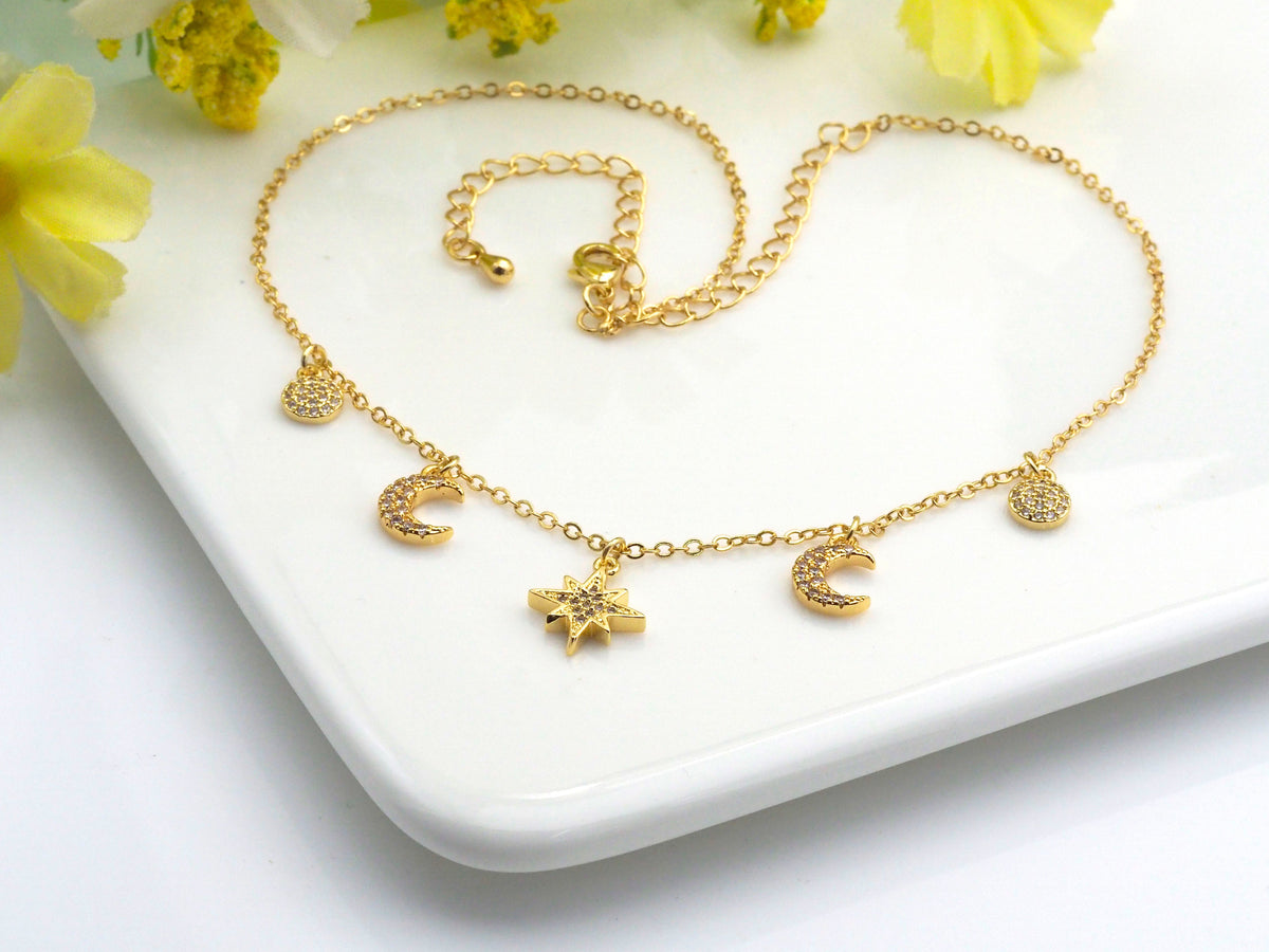 Gold Moon Star Coin Charm Necklace, z708