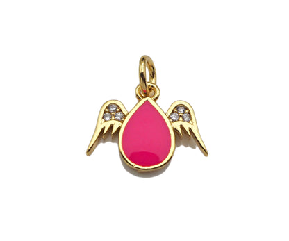 Enamel Teardrop With Angel Wing Shape Cubic Zirconia Charm, Necklace Bracelet Eearring Charm in Gold/Silver,14x11mm,sku#L325