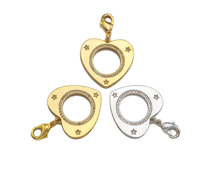 CZ Micro Pave Round Hollow Out Heart Pendant/Charm, Bracelet Necklace CZ Heart Pendant Charm, Silver/Gold Tone,25x24mm,Sku#L459