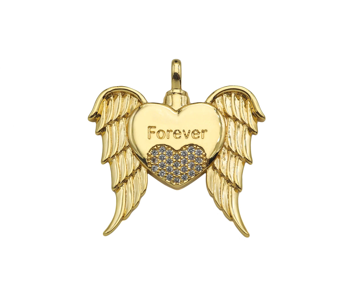 CZ Micro Pave Forever Word On Heart With Wings Shape Pendant, 18K Gold Filled Heart Charm, Necklace Bracelet Charm Pendant,30x31mm,Sku#LD130