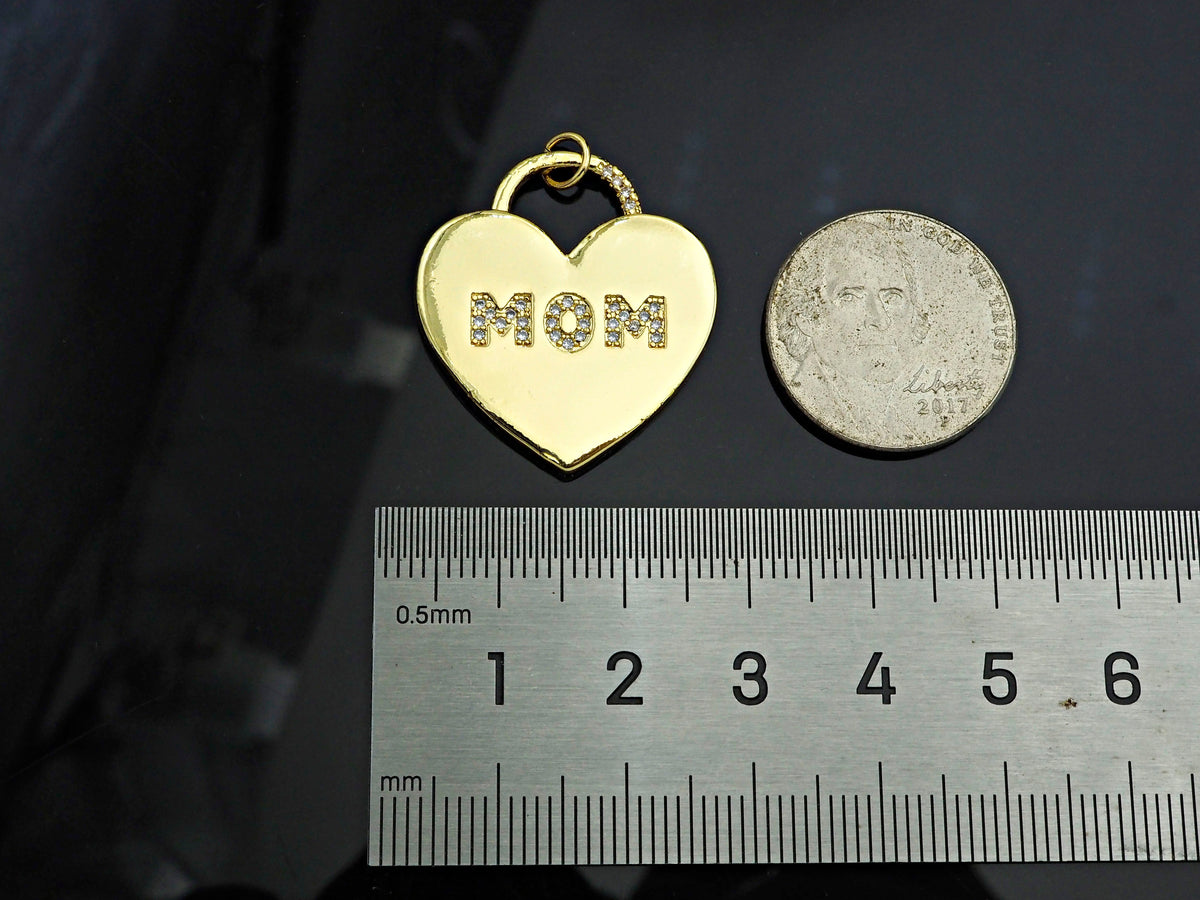CZ Micro Pave Mom Word On Heart Lock Shape Pendant,18K Gold Filled Charm, DIY Mother's Day Necklace Bracelet Charm Pendant,25x28mm,Sku#LD131