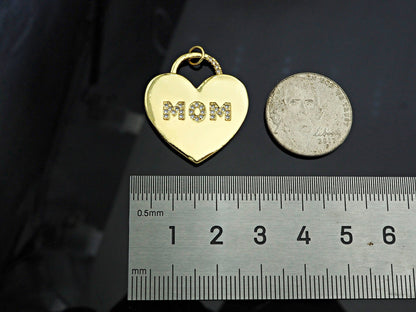 CZ Micro Pave Mom Word On Heart Lock Shape Pendant,18K Gold Filled Charm, DIY Mother's Day Necklace Bracelet Charm Pendant,25x28mm,Sku#LD131