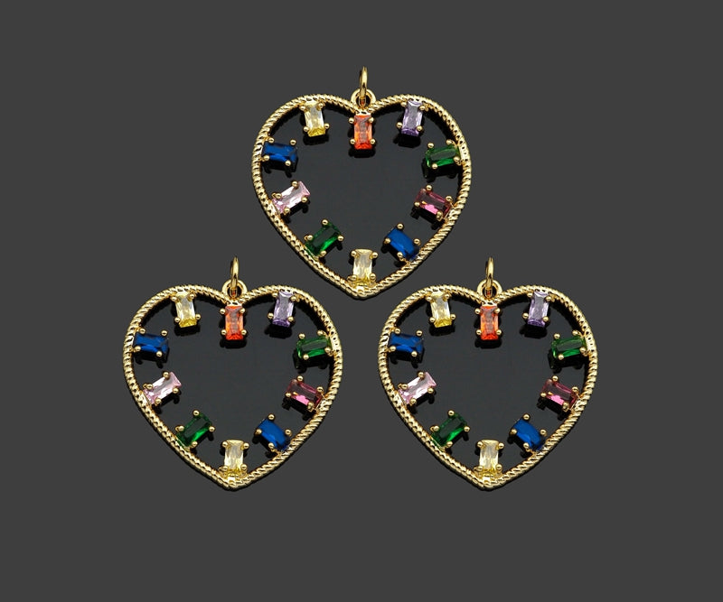 Gold Filled Colorful Baguette CZ Micro Pave Heart Shape Pendant, 14K Gold Filled Heart Charm, Necklace Bracelet Pendant,26x25mm,Sku#CP22