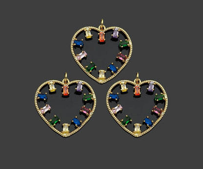 Gold Filled Colorful Baguette CZ Micro Pave Heart Shape Pendant, 14K Gold Filled Heart Charm, Necklace Bracelet Pendant,26x25mm,Sku#CP22