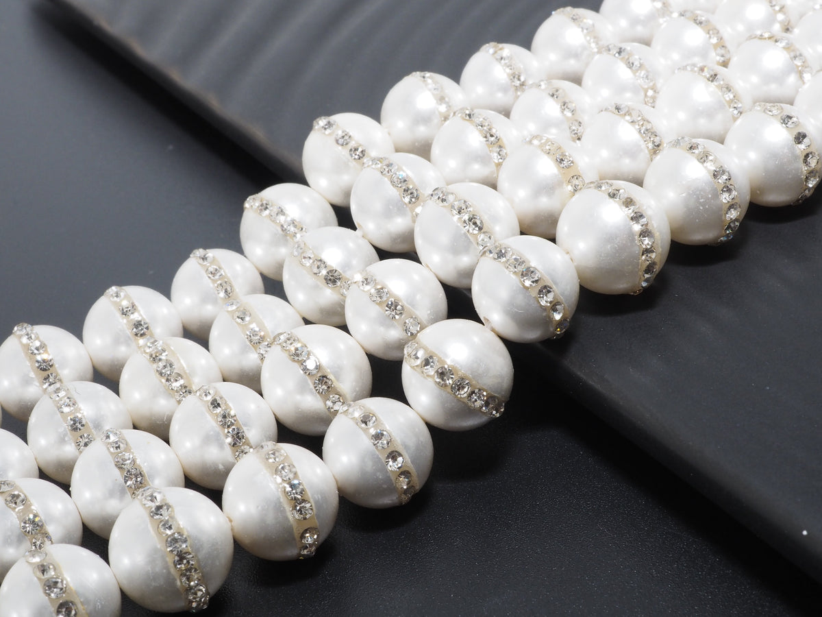 6mm/8mm/10mm/12mm Round Pearl with rhinestone inlaid, White
