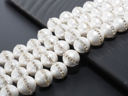 6mm/8mm/10mm/12mm Round Pearl with rhinestone inlaid, White