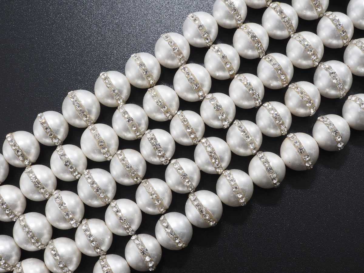 6mm/8mm/10mm/12mm Round Pearl with rhinestone inlaid, White