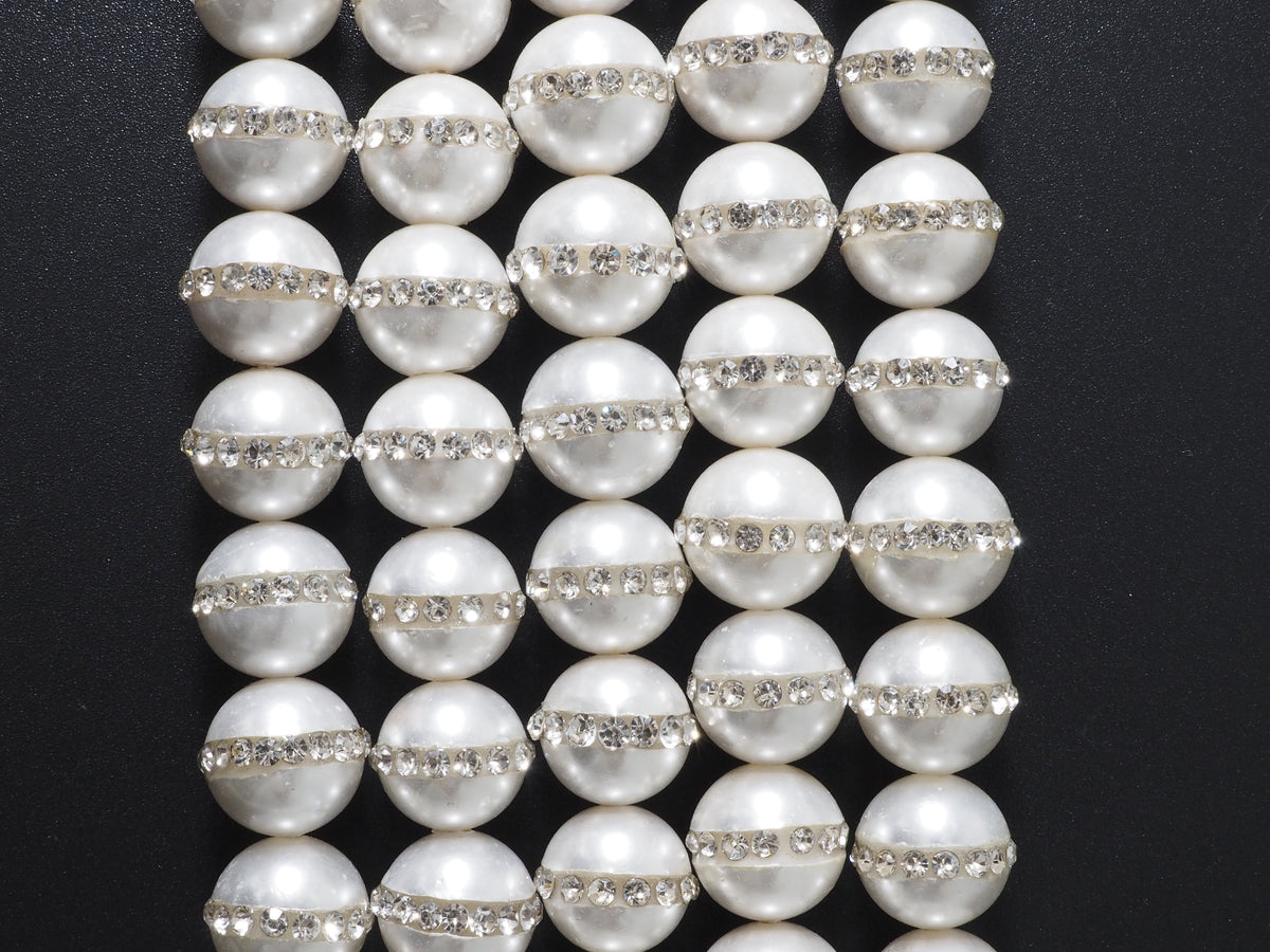 6mm/8mm/10mm/12mm Round Pearl with rhinestone inlaid, White