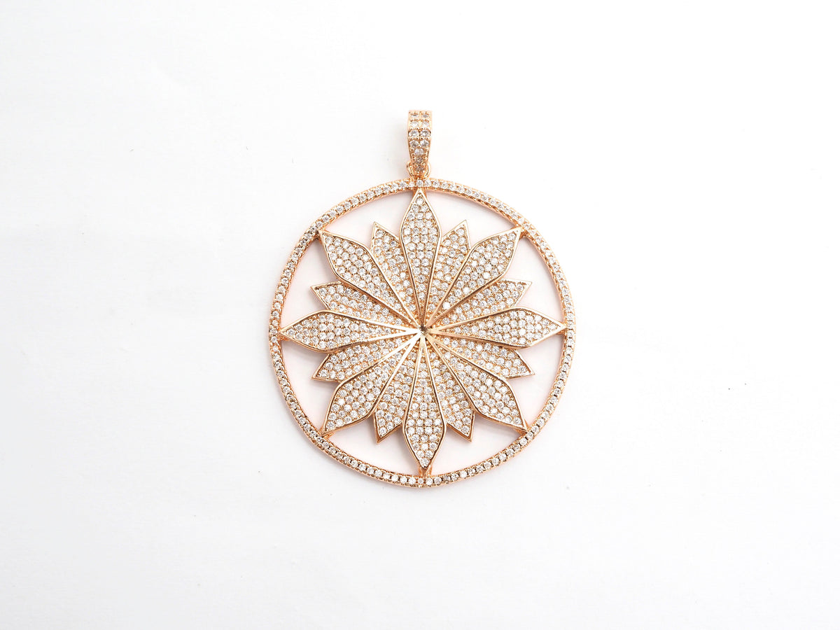 40mm Large CZ Micro Pave Hollow out Flower Round Disc Pendant, Cubic Zirconia Rose Gold/Gold/Silver/Black Focal Pendant, 46x43mm, F546C
