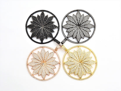 40mm Large CZ Micro Pave Hollow out Flower Round Disc Pendant, Cubic Zirconia Rose Gold/Gold/Silver/Black Focal Pendant, 46x43mm, F546C