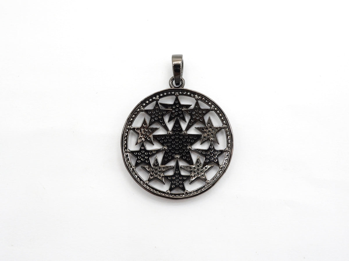 30mm Large CZ Micro Pave Hollow out Star Disc Pendant, Cubic Zirconia Filigree Rose Gold/Gold/Silver/Black Focal Pendant, 33x37mm, F547