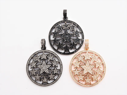 30mm Large CZ Micro Pave Hollow out Star Disc Pendant, Cubic Zirconia Filigree Rose Gold/Gold/Silver/Black Focal Pendant, 33x37mm, F547