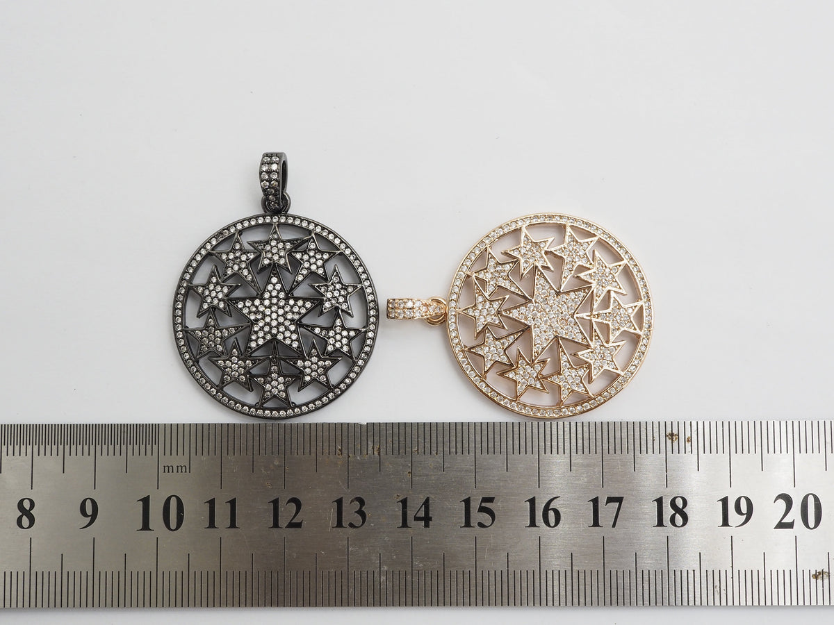 30mm Large CZ Micro Pave Hollow out Star Disc Pendant, Cubic Zirconia Filigree Rose Gold/Gold/Silver/Black Focal Pendant, 33x37mm, F547