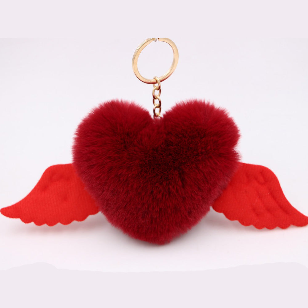 Heart Wings Wool Ball Keychain