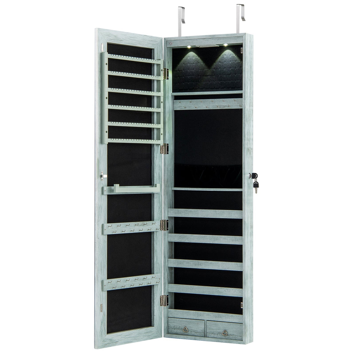 Wall and Door Mounted Mirrored Jewelry Cabinet with Lights