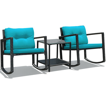 3 Pieces Cushioned Patio Rattan Set with Rocking Chair and Table-Black