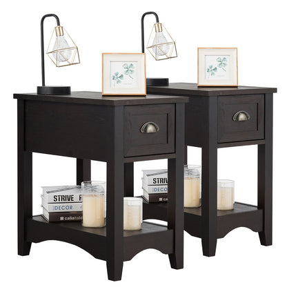 2 Pieces Retro Narrow Tiered End Table with Drawer and Storing Shelf