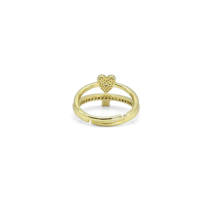 Gold CLear CZ Heart Double Line Adjustable Ring, Sku#LD448