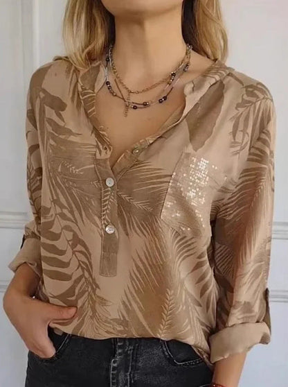 Relaxed-fit Casual Long-sleeve Printed Sequin-pocket Blouse