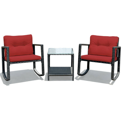 3 Pieces Cushioned Patio Rattan Set with Rocking Chair and Table-Black