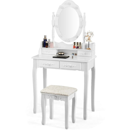 Makeup Vanity Dressing Table Set with Dimmable Bulbs Cushioned Stool