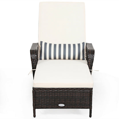 Outdoor Patio Wicker Chaise Lounge Chair with Adjustable Backrest and Pillow
