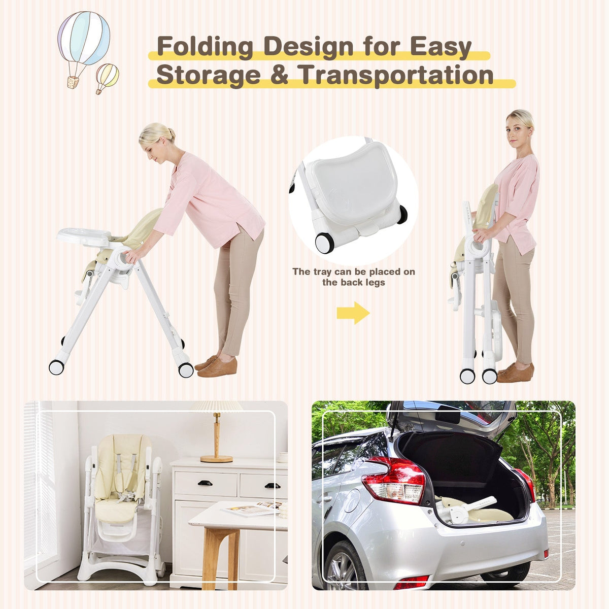Baby Convertible Folding Adjustable High Chair with Wheel Tray Storage Basket-Beige