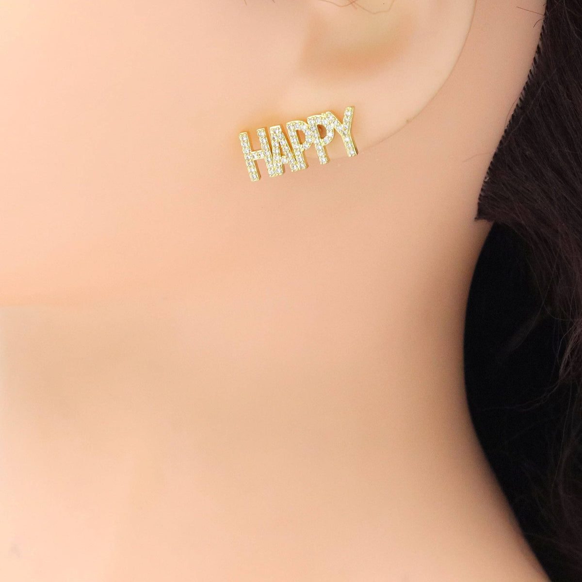 Clear CZ Happy Gold Stud Earrings, Sku#A344