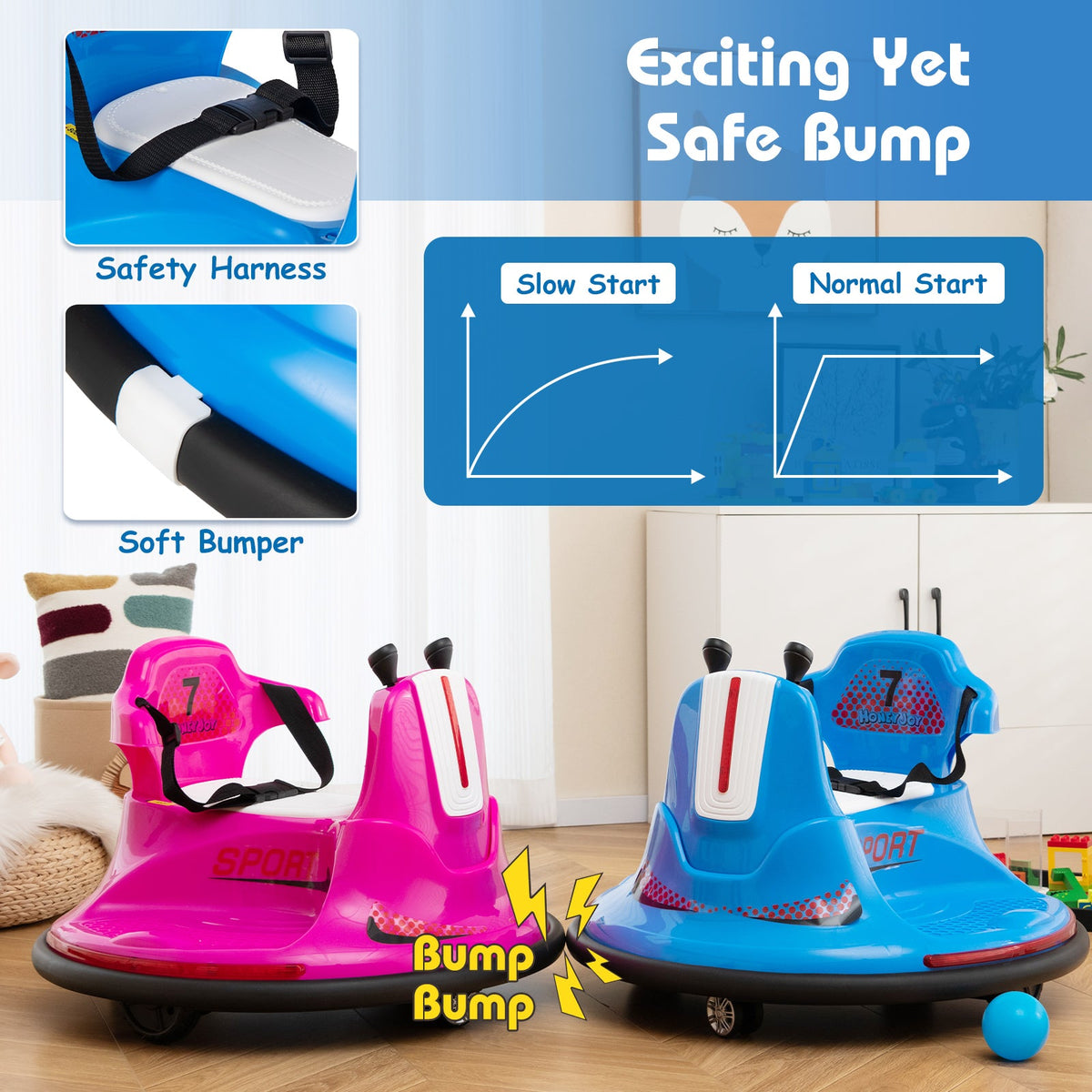 12V Kids Ride On Bumper Car with Remote Control Lights and Music-Blue