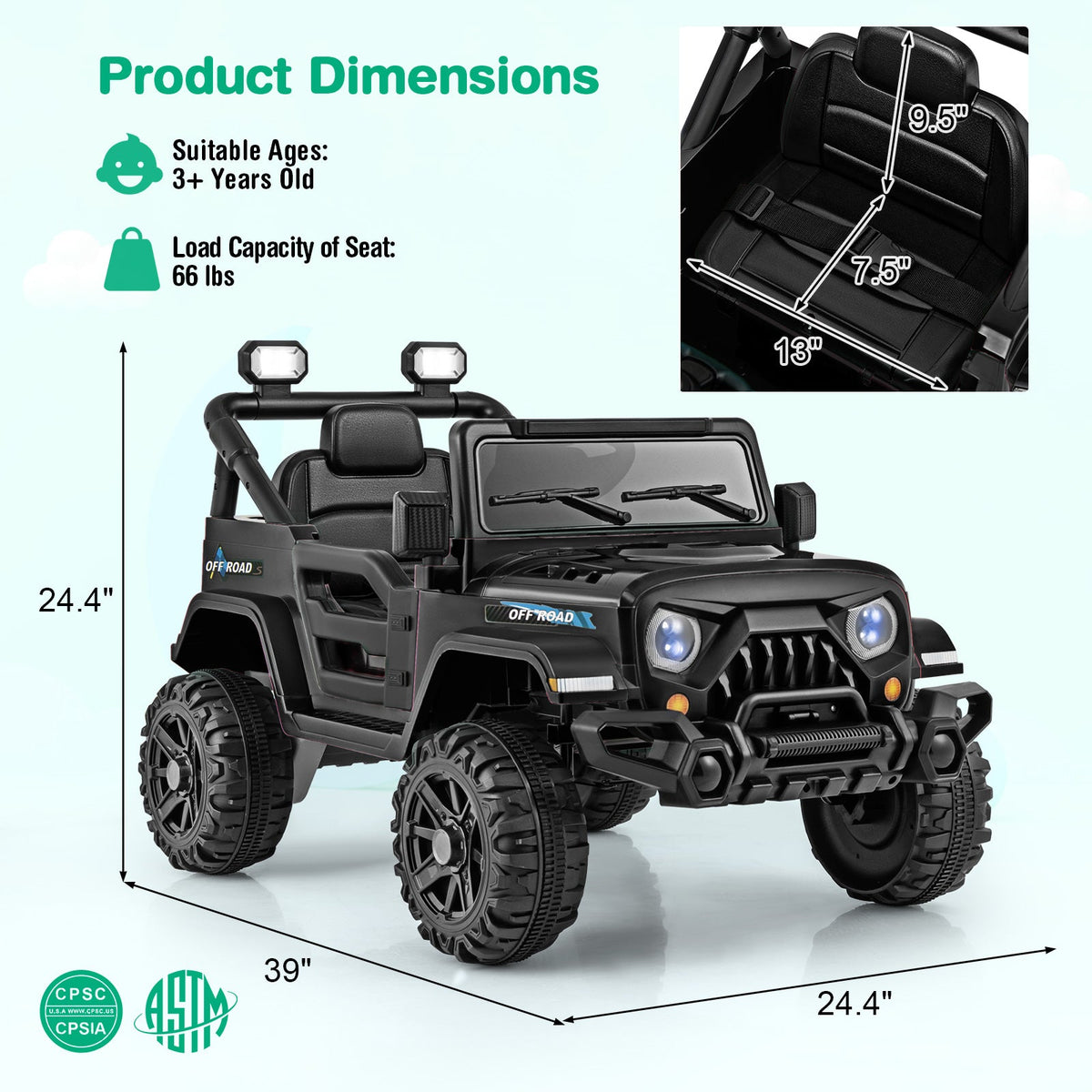 12V Kids Ride on Truck Car with Remote Control Threaded Wheels and 3 Speeds-Black