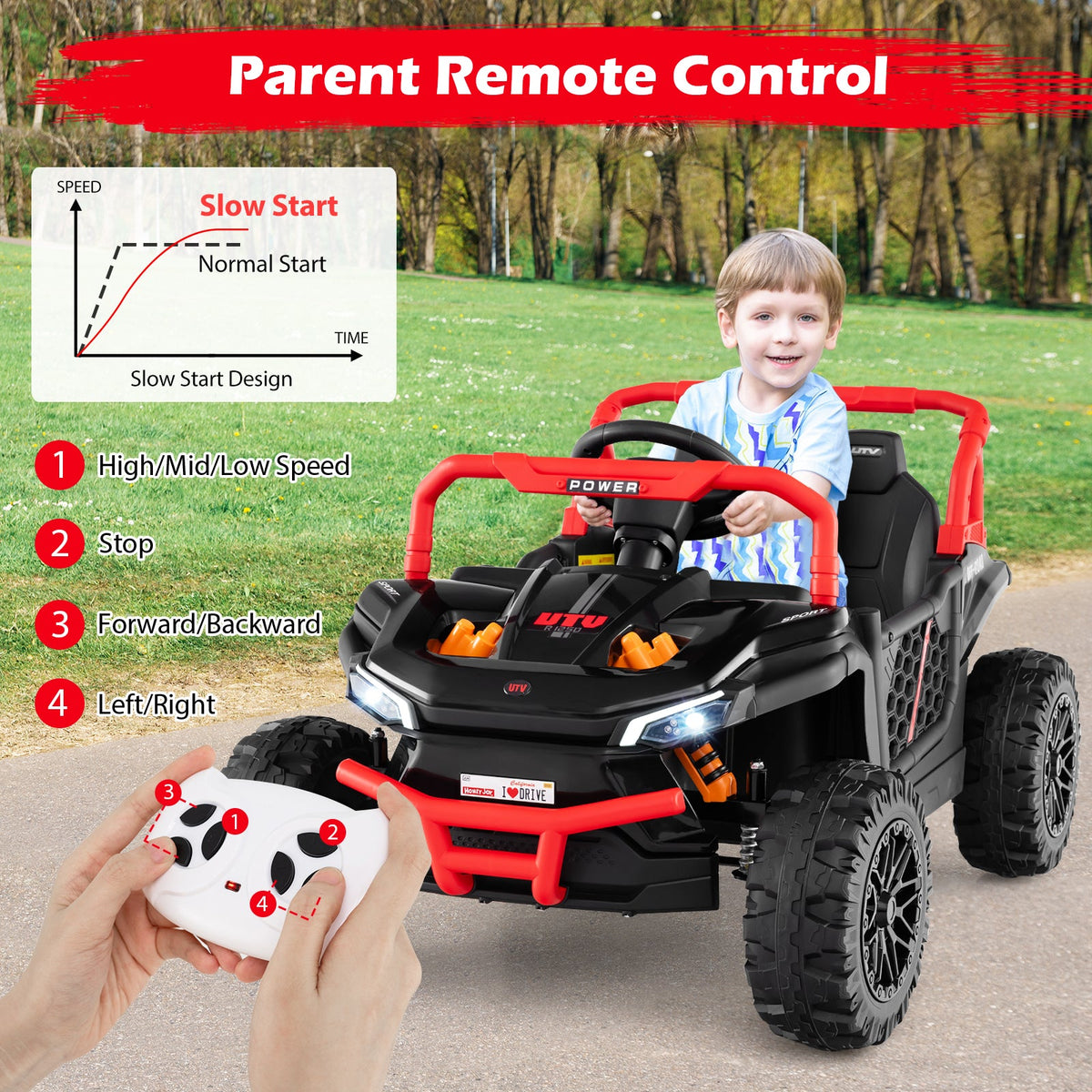 12V Kids Ride on Truck Off-Road UTV with Parental Remote and Lights-Black