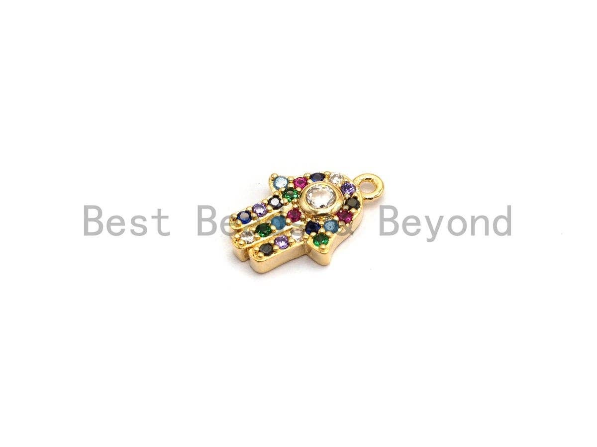 CZ Micro Pave Multi Color Hamsa Hand Pendant, Hamsa Hand Shaped Pave Pendant, Gold plated, 9x13mm, Sku#B114