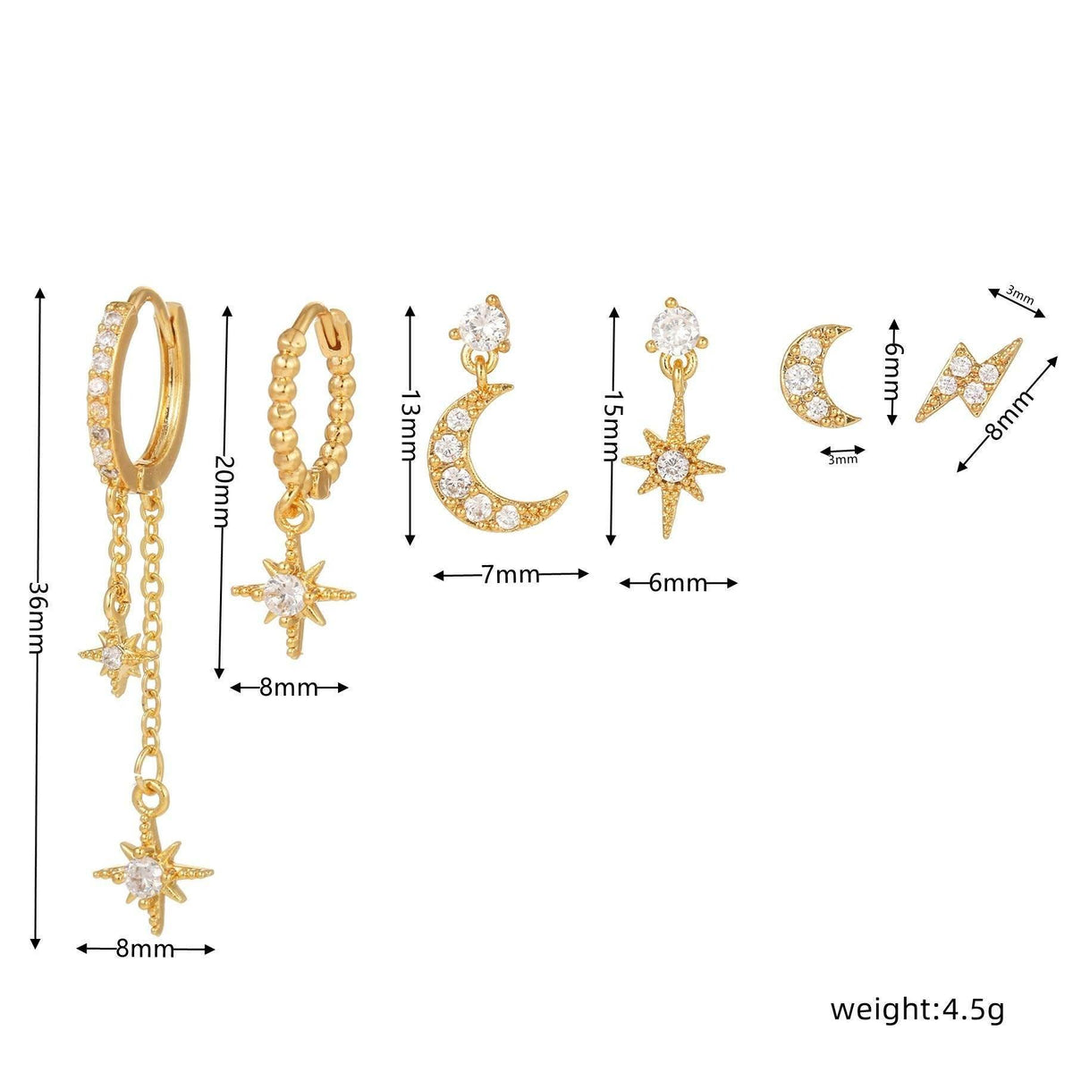 Stacking 6 Pieces Celestial Star & Moon Earring Set, 18k Gold Plated Stud & Drop, S925 Needle, Stacked Lobe Designs with Dazzling Zirconia