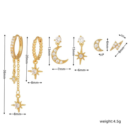 Stacking 6 Pieces Celestial Star & Moon Earring Set, 18k Gold Plated Stud & Drop, S925 Needle, Stacked Lobe Designs with Dazzling Zirconia