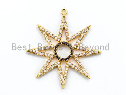 CZ Micro Pave 37mm Eight Points Star Pendant Charm, Black Clear CZ Pave in Gold Silver Rose Gold Finish, Star Pendant Charm,sku#B16