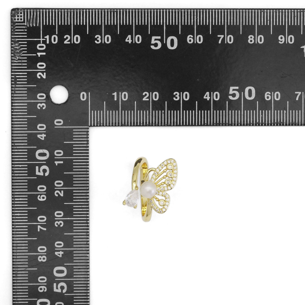 Gold CZ White Pearl Butterfly Drop Shape Adjustable Ring, Sku#LD497