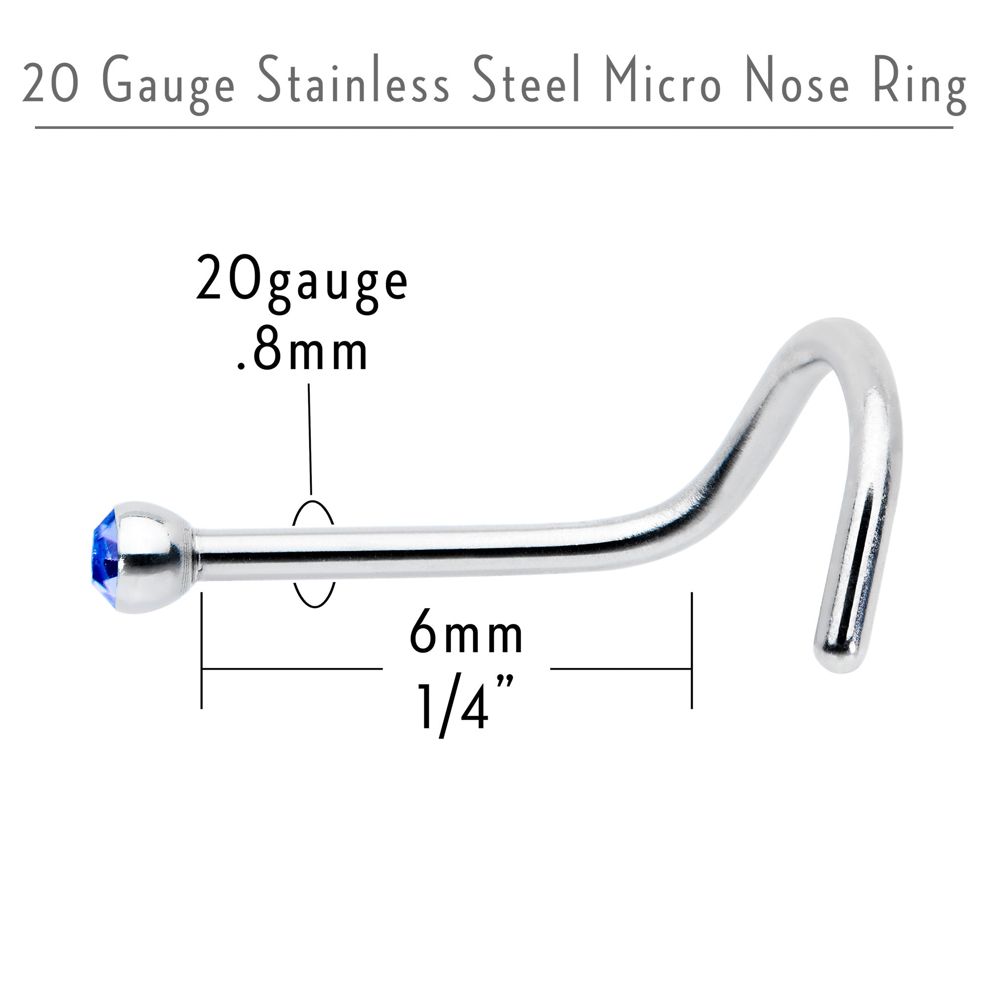 20G Stainless Steel Sapphire Blue Gem Micro Nose Ring Twister