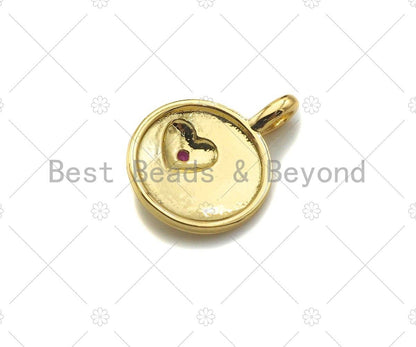 Fuchsia CZ Micro Pave Heart On Round Coin Shape Charm,18K Dianty Gold Medallion  Charm, Necklace Bracelet Charm Pendant,13x18mm, Sku#LK257