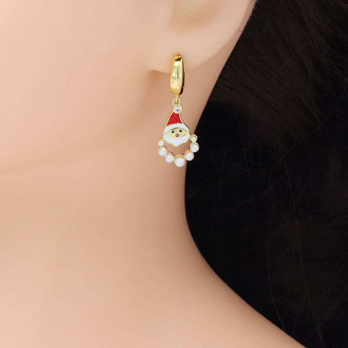Gold Silver Pearl Santa Claus Christmas  Earrings, Sku#A264