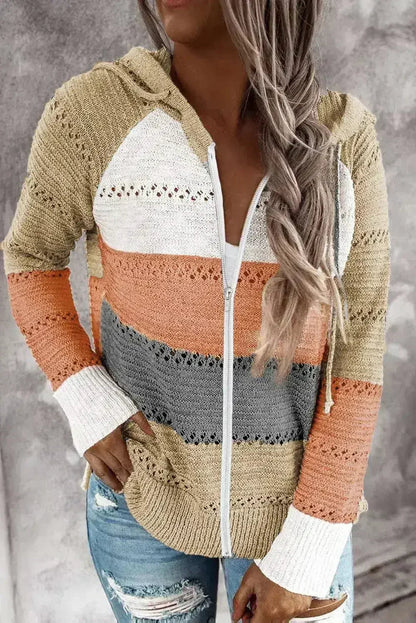 Womens Multicolor Zipped Front Colorblock Hollow-out Knit Hoodie