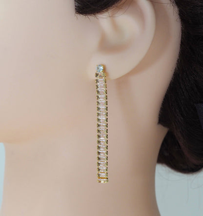 Baguette CZ Chain Stud Earrings, Sku#JL171