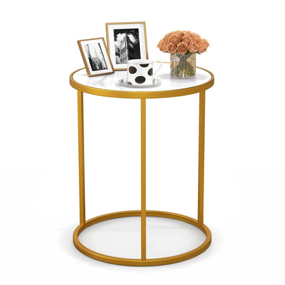 16 Inch Marble Top Round Side Table with Golden Metal Frame for Living Room Bedroom