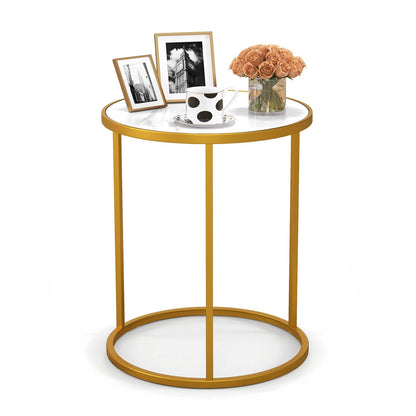 16 Inch Marble Top Round Side Table with Golden Metal Frame for Living Room Bedroom