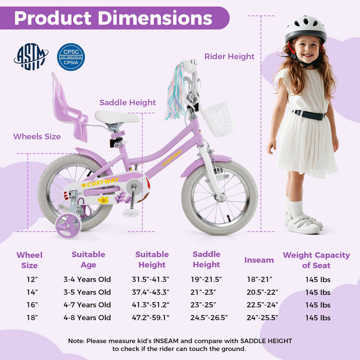 14 Inch Girls Bike Kids Bicycle with Doll Seat and Streamers for Children 3-5 Years Old